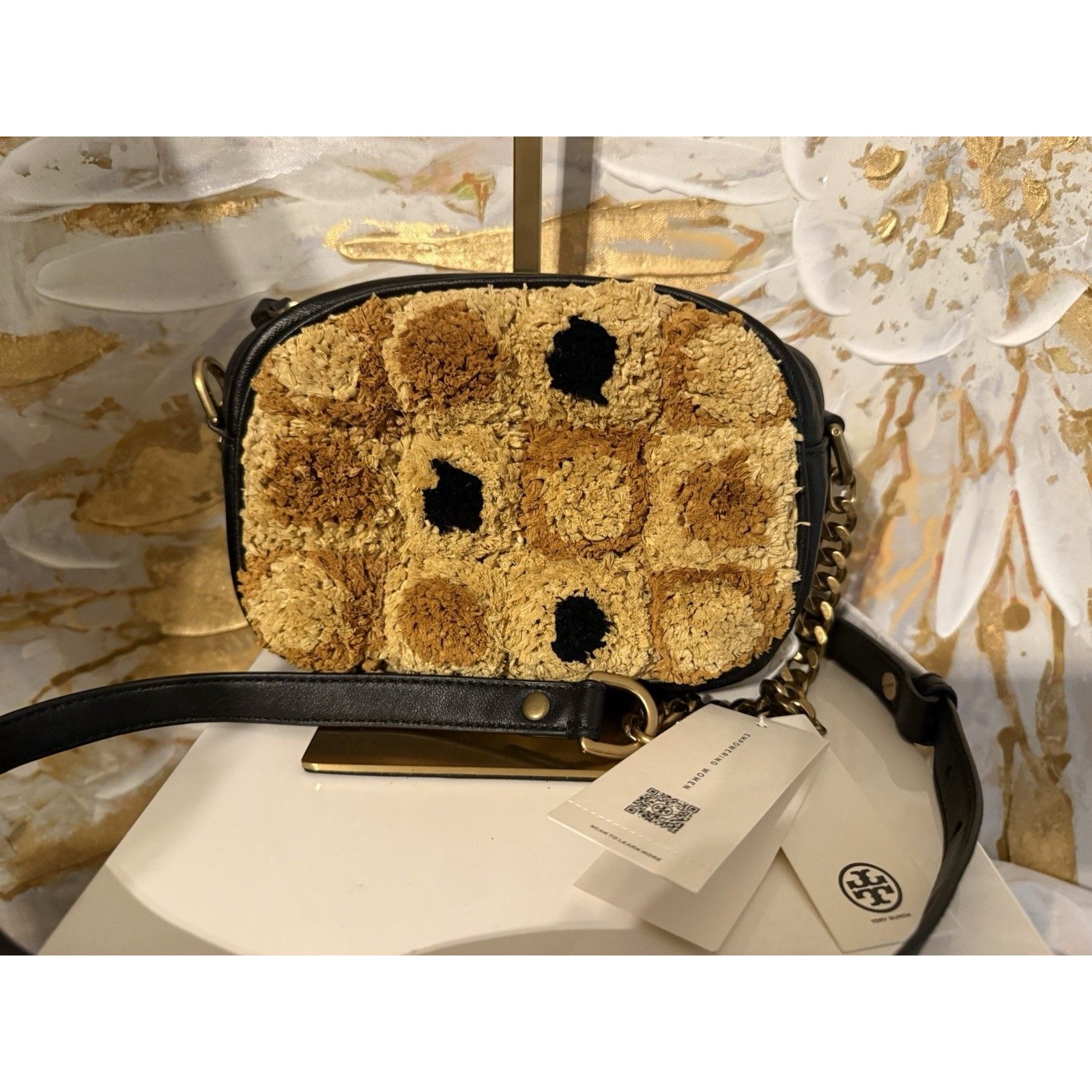 New Tory Burch Kira Chevron Raffia Rosette Small Camera Bag Brown Multitone